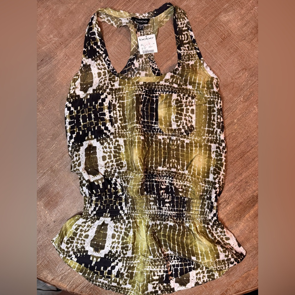 NWT bebe Green Black‎ White Silk Animal Print Racerback Sleeveless Tank Top XS